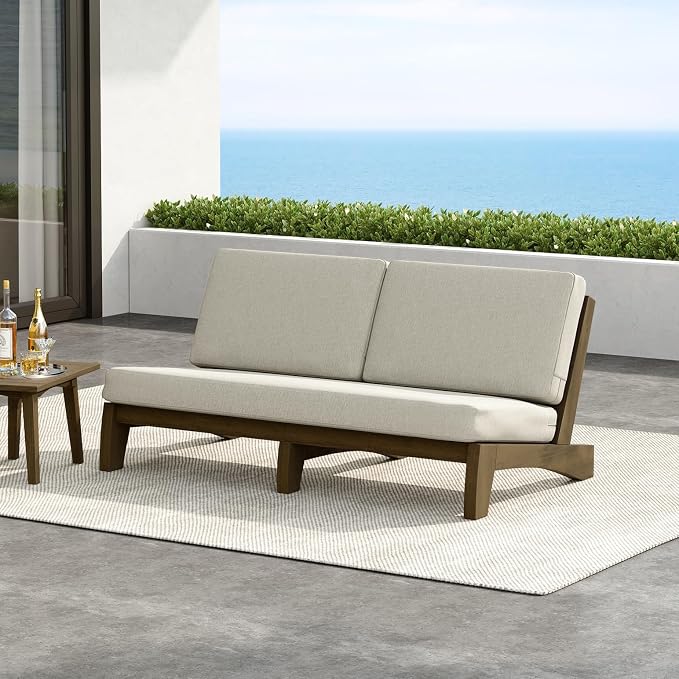 Outdoor Furniture Patio Couch, Weather Resistant 3-Seater Patio Sofa with Removable Cushion, Teak Wood Frame for Porch & Backyard Seating - Light Camel