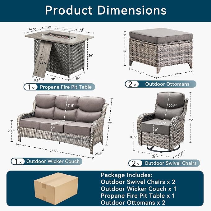 Luxury High Back Outdoor Furniture 6-Inch Thick Cushions with 50,000 BTU Gas Propane Fire Pit Tablet, Patio Furniture Set with Swivel Chairs, 6 PCS for Porch, Balcony, Deck and Yard