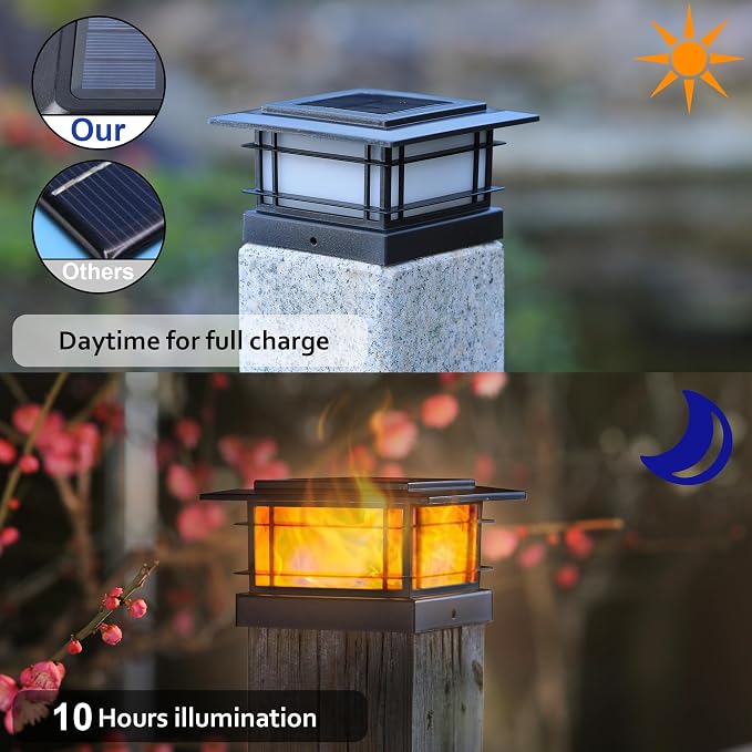 Dynaming 4 Pack Solar Post Cap Lights Outdoor with Flickering Flame Light, Fence Post Solar Lights Fit for 4x4 5x5 6x6 Vinyl/Wooden Posts, High Brightness SMD LED Lighting Decor for Garden Deck Patio