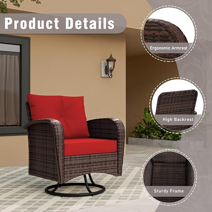 4 Piece Patio Conversation Set - 2 Swivel Chairs 1 Coffee Table 3-Seater Sofa, PE Wicker & Steel Patio Furniture with Heavy-Duty Steel Frame,Weatherproof Cushions, Red