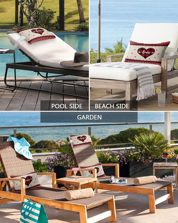 Outdoor Pillows Covers with Inserts Love Heart Black and Red Buffalo Plaid Waterproof Recliner Pillow with Adjustable Strap Throw Pillows for Patio Furniture Pool Lounge Chair, 11x16 inch, 1PCS