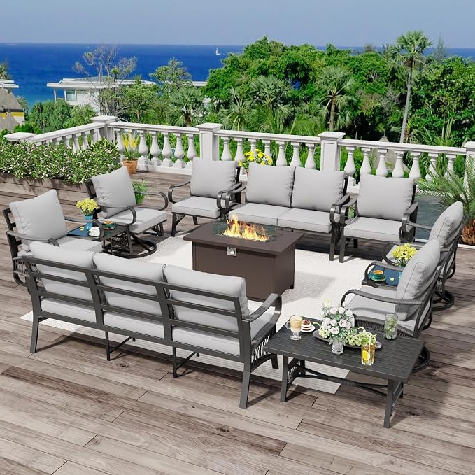 12 Piece Patio Furniture Set, All Weather Metal Outdoor Conversation Set with 50000 BTU Propane Fire Pit Table and 5" Thick Cushions, Sectional Sofa for Garden, Porch, Lawn, Grey