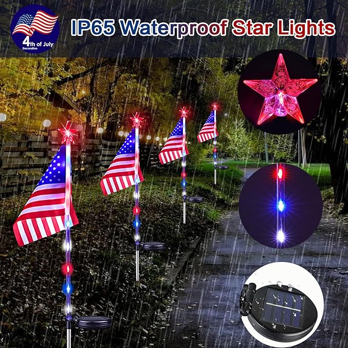 4th of July Decorations Outdoor Solar Lights, 12 Pack Red White and Blue American Flag Star Lights for National Day, 2 Modes Waterproof Solar Patriotic Light for Independence Memorial Day Yard Pathway