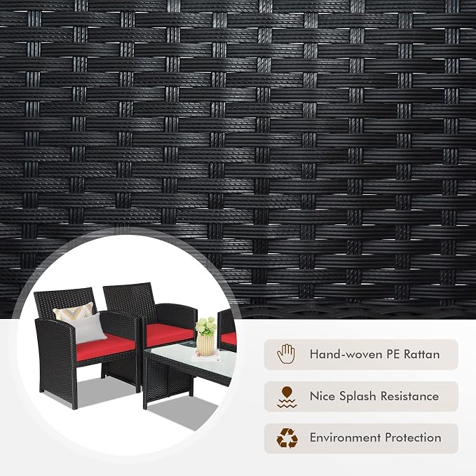 DORTALA 8 Pieces Patio Wicker Conversation Furniture Set, Outdoor Rattan Sofas with Bistro Sets with Coffee Table for Courtyard Balcony Wicker Chairs with Soft Cushion and Table, Red