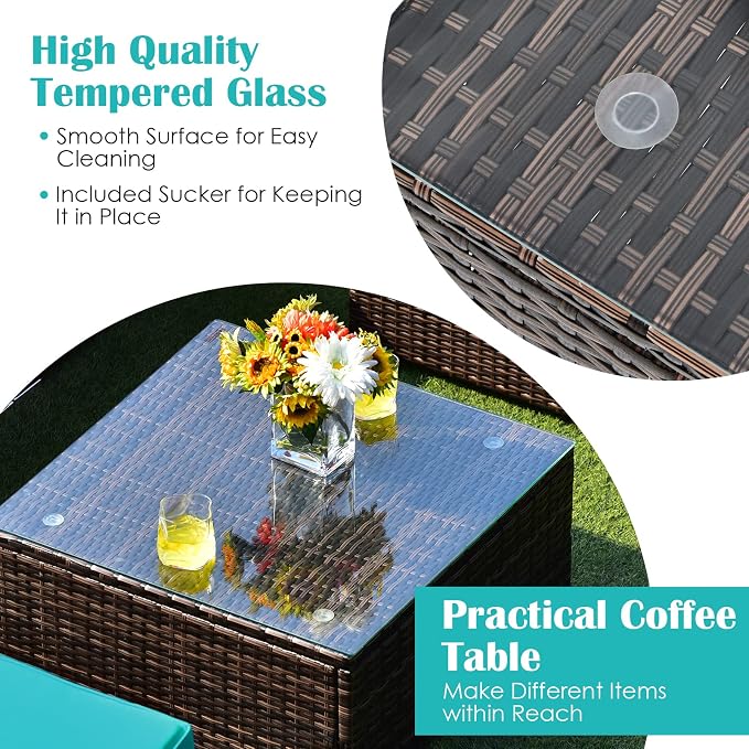 DORTALA 6 Pieces Patio Furniture Set, Outdoor Wicker Conversation Set with Glass Coffee Table, Wicker Sofa Set with Back & Seat Cushions, Rattan Sectional Conversation Couch Set, Turquoise
