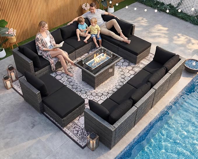 NICESOUL 13 Piece Patio Furniture w/Fireplace, Elegant Outdoor Seating w/Firepit, XL Size 29.3'' High Back Sectional Sofa, All-Weather Rattan Deck Couch, Modular Sturdy Conversation Set,Gray & Black