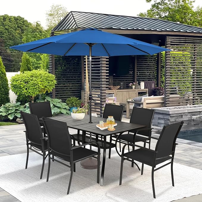 SUNCROWN 8 - Piece Outdoor Dining Set, Patio Furniture Set with 6 Textilene Dinning Chairs, 1 Rectangle Metal Table and 1 Dark Blue 9Ft Patio Umbrella for Lawn Garden Backyard Deck, Black