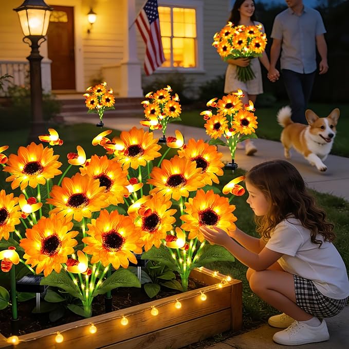 Kohlrabi Solar Garden Lights-4 Pack Solar Sunflowers with Swaying Bees, Gifts for Mom Women Mothers Day Birthday, Waterproof Sunflower Light for Outdoor Patio Yard Decor