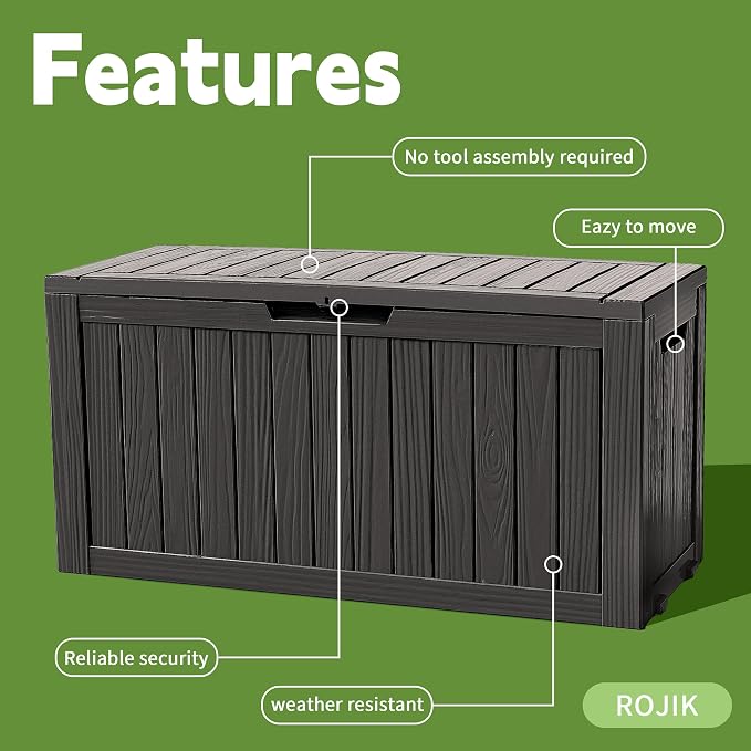ROJIK Outdoor Storage Housing Deck Box - Waterproof Patio Furniture, Garden Tools, Cushions, Pool Accessories Storage Bench with Lockable Lid and Side Handles (Black 90 Gal)