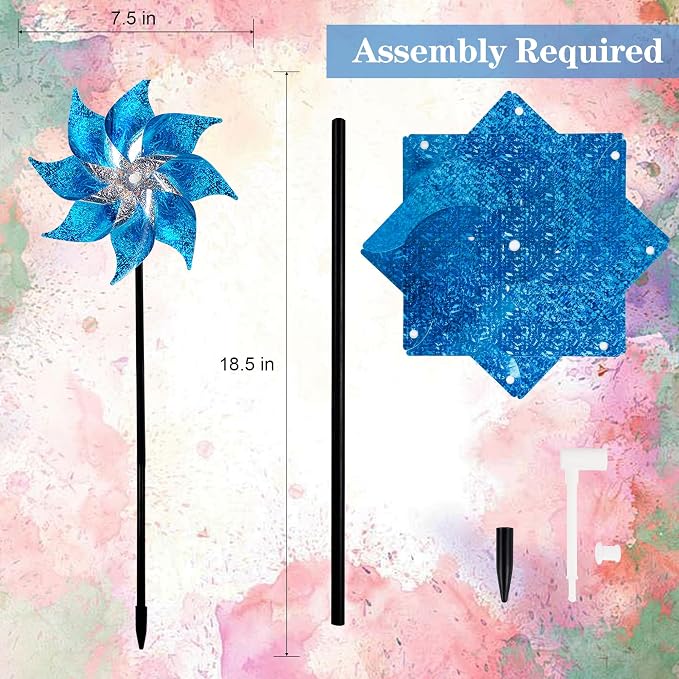 Hausse 10 Pack Reflective Pinwheels with Stakes (Assembly Required), Extra Sparkly Pin Wheel for Garden Decor, Bird Repellent Devices Deterrent to Scare Birds Away from Yard Patio Farm, Blue