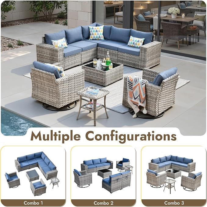 9 Pieces Patio Furniture Set, Wicker Outdoor Sectional Sofa with Swivel Chair Comfy Cushions, Modern Modular Deep Seat Rattan Couch Conversation Set for Backyard Porch Yard,Denim Blue