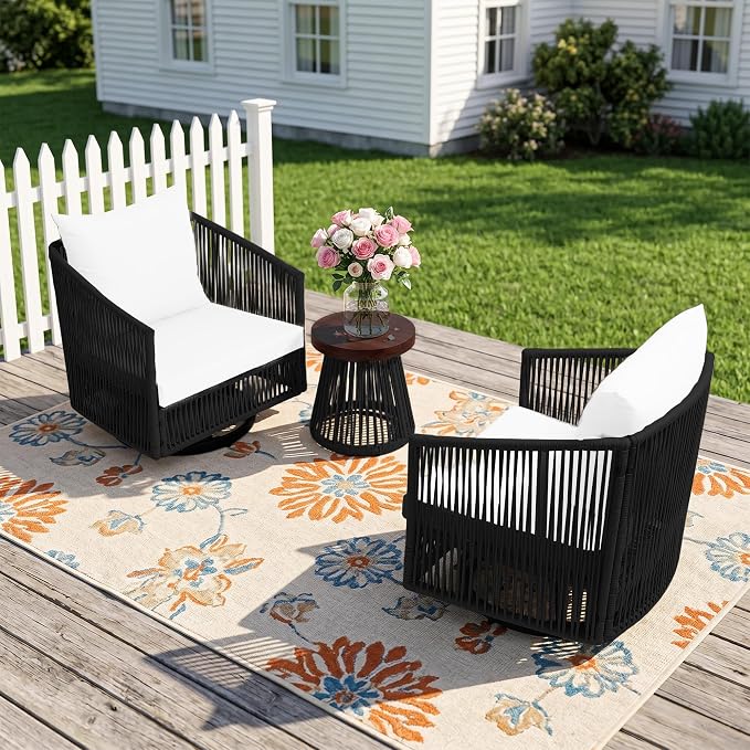 Outdoor Patio Furniture Set, 3 Pieces Outdoor Swivel Chairs with Coffee Table and Thick Cushion, Pe Wicker Rope Furniture Set for Entertaining, Balcony, Garden, Poolside, Black