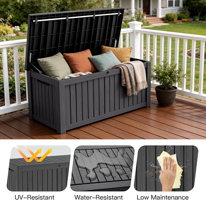 Mars Villa 120 Gallon Outdoor Storage Box, Large Resin Deck Box Waterproof, Storage Bin for Outside Patio Furniture Cushion, Pool Supply, with Hydraulic Hinge, UV Resistant and Weatherproof, Black