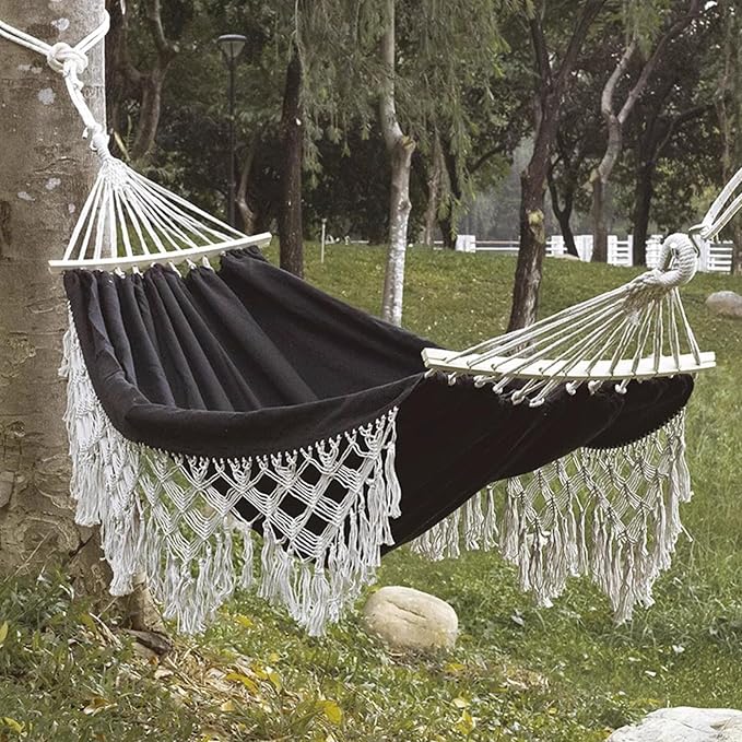Handmade Cotton Woven Hammock, Balcony Hanging Rope Swing with Tassels, Portable Camping Double Boho Canvas Hammocks for Indoor Outdoor Patio Yard Garden(200x150cm/78.7x59in, Black)