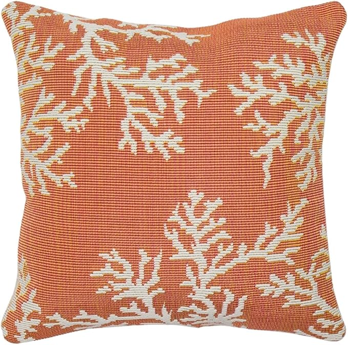 Liora Manne MARINA Indoor/Outdoor Power Loomed Easy Care Pillow - Transitional Border Coastal Beach Accent (Coral Edge Sunset) (18" x 18")