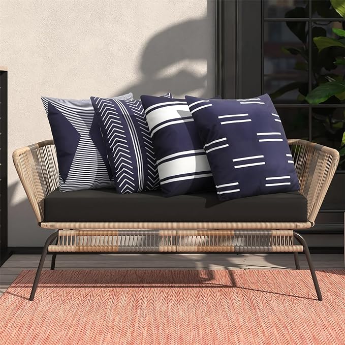 Adabana Set of 4 Outdoor Waterproof Pillow Covers 18x18 Navy Blue | Modern Geometric Throw Pillows Cover Decorative Boho Pillow Covers for Patio, Garden, Porch