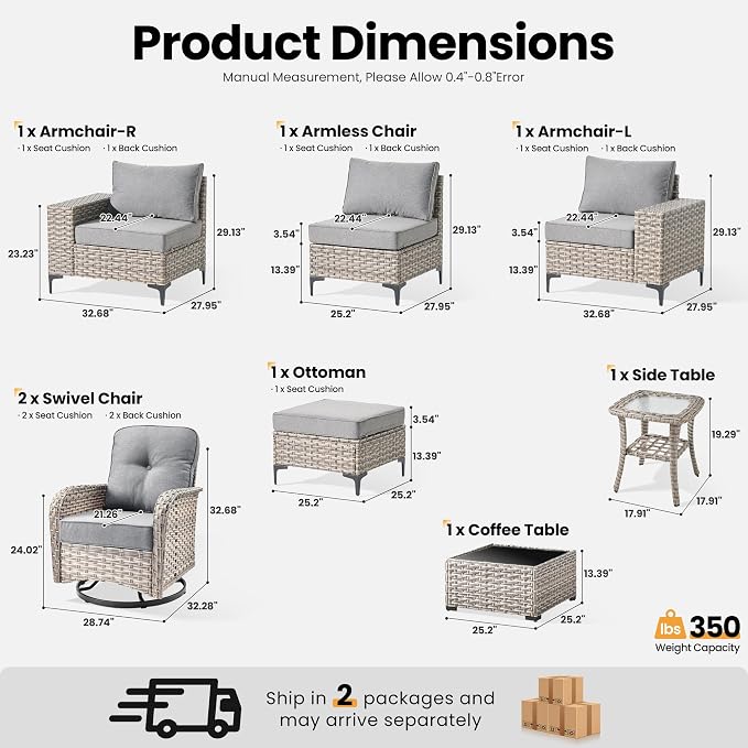 ovios 8-Piece Patio Furniture Set with L-Shape Sofa Chaise, Outdoor Sectional Couch Swivel Gliders, Modern Modular Wicker Rattan Conversation Set, Dark Grey