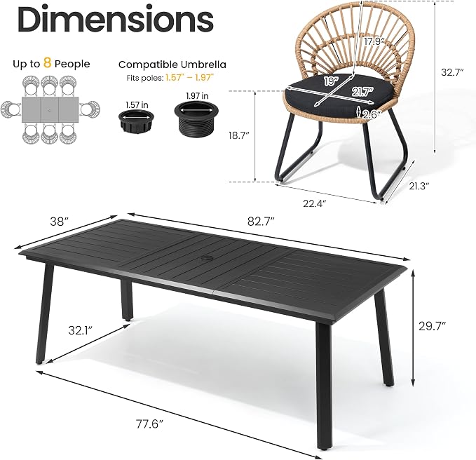 9 Piece Aluminum Outdoor Dining Set with Rattan Patio Chairs | 83" Large Rectangle Dining Table with Umbrella Hole, 8 Shell Shaped Side Chairs with Black Cushions for Backyard Garden Deck