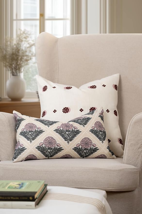 Crumbs Home Modern Farmhouse California Casual Indoor Outdoor Lumbar Pillow Cover, 12"x20" Water Repellent for Patio, Backyard, Couch, Earth Tone Dark Rose Tan Block Print Vintage Hydrangea Flowers