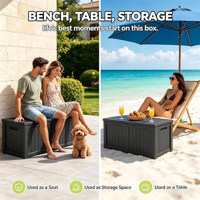 270 Gallon Extra Large Deck Box Outdoor, Resin Storage Box Outdoor Waterproof, Lockable Garden Storage Bench, Holds Patio Furniture, Pool Supplies & Equipment, Hydraulic Rod, UV-Proof, Black