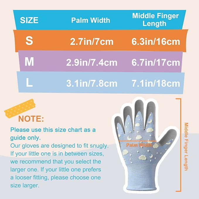 COOLJOB Glow in The Dark Kids Gardening Gloves for Age 6-8, 2 Pairs Children Reflective Yard Work Rubber Coated Gloves, Light Blue with Cloud & Moon, Purple with Stars, Medium