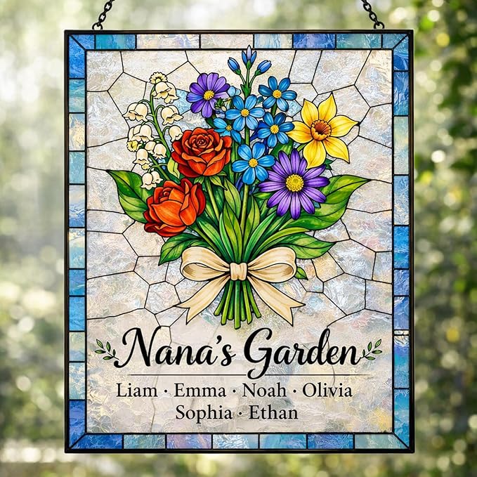 Personalized Mother’s Day Suncatcher Rectangle – Custom Birth Flower Suncatcher for Mom Grandma – Stained Glass Style Personalized Gift with Kids Names for Mom Nana Grandma