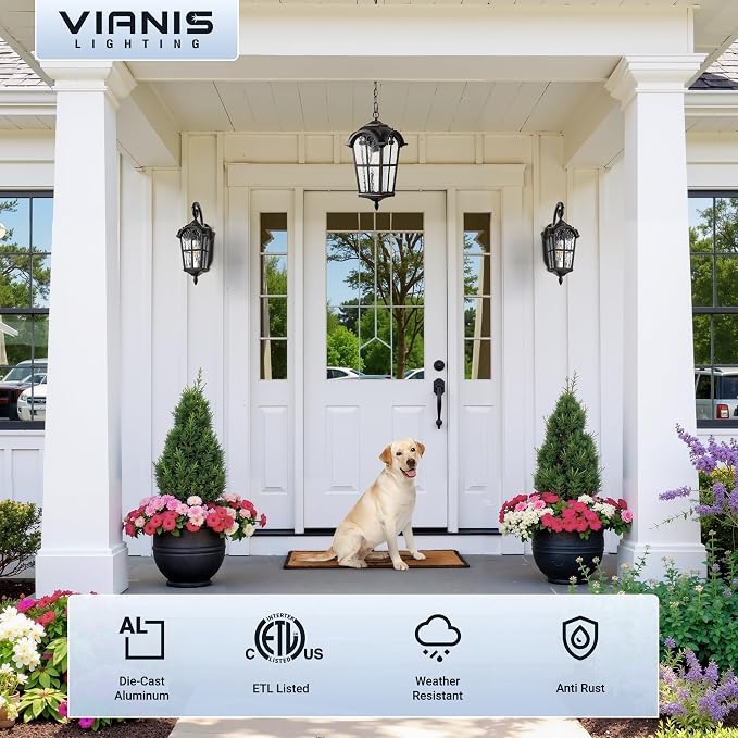 VIANIS Black Large Outdoor Pendant Light, Vintage Outdoor Chandelier with Gold Trim, Outside Hanging Light for Porch, Doorway, Entryway, 100% Aluminum, Anti-Rust Adjustable Length Chandelier