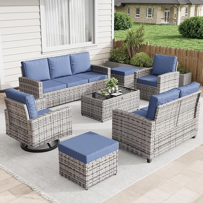 7-Piece Outdoor Patio Furniture Set with Wicker Rattan Sectional Sofa, Swivel Chairs, Ottomans, Coffee Table and Comfy Cushions, All-Weather Conversation Set for Balcony, Deck, Garden, Backyard Lounge