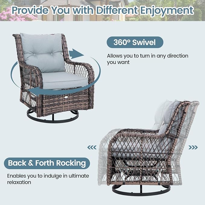 HAPPYGRILL 3 Pieces Outdoor Swivel Rocking Bistro Set with Side Table and Soft Cushions, PE Rattan Patio Furniture Set Glider Rocker Chair Set for Porch, Backyard, Garden and Poolside