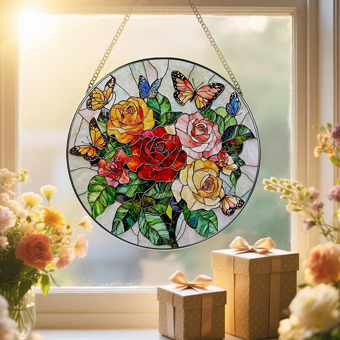 Butterfly & Rose Ornament: Stained Glass Suncatcher, Suncatcher for Window Decor, Stained Glass Window Hanging, Christmas Ornament, Gifts for Nature Lover, Women, Christmas, Mother's Day, Birthdays