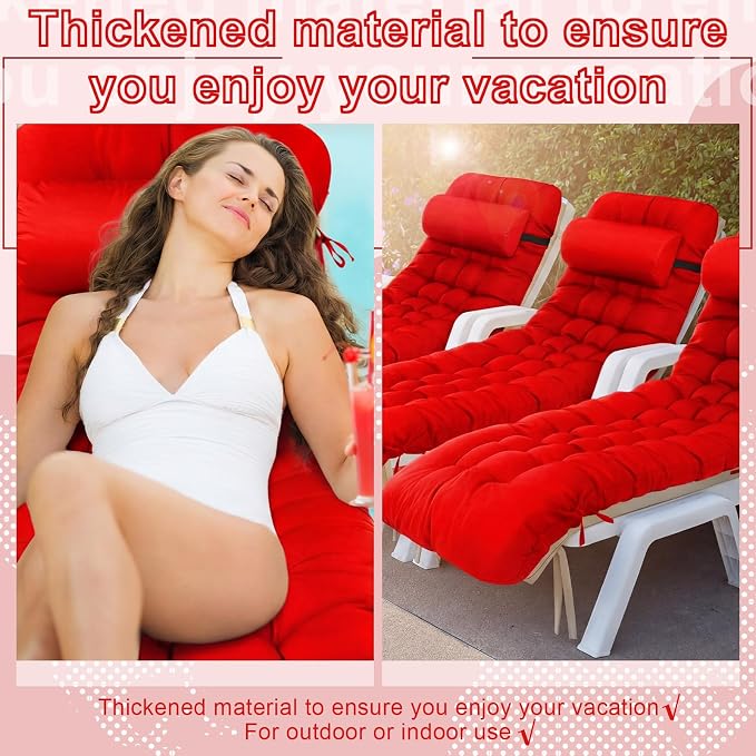 Tudomro Outdoor Chaise Lounge Cushion 66x21x4'' Waterproof & Fade-Resistant Patio Pool Chaise Lounge Cushion Headrest Pillow Tie Replacement Rocking High Back Chair(Bright Red,Set of 2)