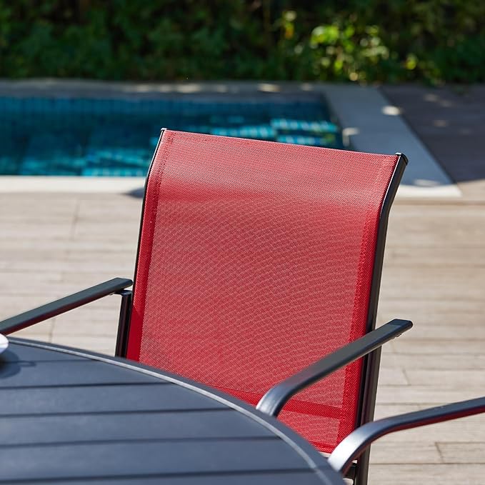 VICLLAX 5 Pieces Patio Dining Set, Patio Furniture Set of 4 Patio Stackable Dining Chairs and Outdoor Metal Square Table with Umbrella Hole for Backyard Lawn Garden, Red Chairs and Black Table