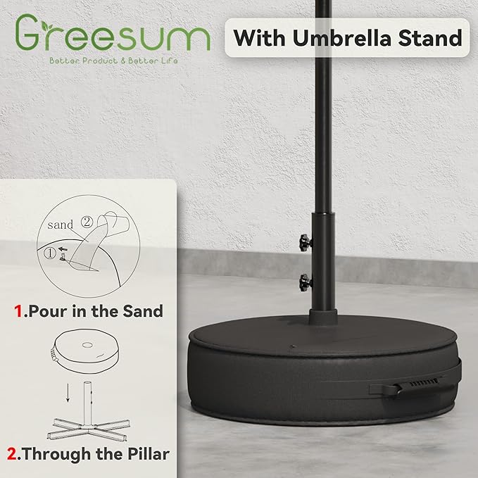 Greesum Outdoor Patio Umbrella with Base, Table Umbrella with 8 Sturdy Ribs, Push Button Tilt and Crank, Market Table Parasol for Garden, Lawn, Backyard & Pool, White