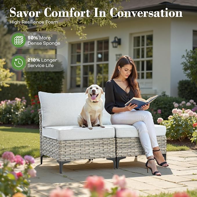 ovios 10 Piece Outdoor Patio Furniture with Swivel Rocking Chair, Rattan Wicker Conversation Set with Glowing Coffee Table, Sectional Single Chairs for Porch Balcony Backyard Pool,Light Grey