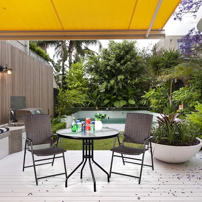 S AFSTAR 5 Pieces Patio Dining Set, 4 Folding Chairs with Table, Portable Wicker Chairs Furniture Set for Outdoor Garden Backyard (4 Chairs w/ 28''H Modern Round Table)