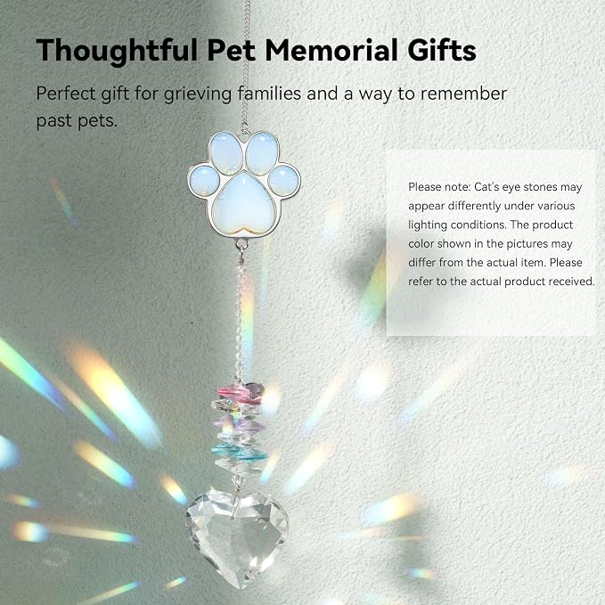 Dog Memorial Gifts, Pet Memorial Suncatcher, Loss of Dog Sympathy Gift | Thoughtful Dogs and Cats Bereavement Remembrance Gifts, Natural Cat's Eye Stone Paw Crystal Suncatcher