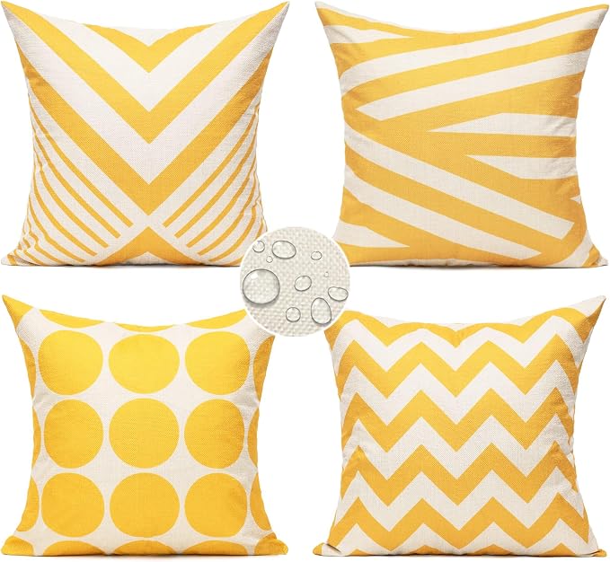 All Smiles Outdoor Waterproof Throw Pillow Covers 16X16 Set of 4,Yellow Decorative.Cushion Covers Boho Decorations Outside for Patio Furniture Porch Seat Chair Couch Sofa Living Room Geometric