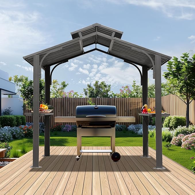 Domi 8x5FT Hardtop Grill Gazebo, Grill Canopy for Outdoor Grill w/Double Galvanized Steel Roof, 2 Side Shelves and Ceiling Hooks, Grill Tent BBQ Gazebo for Patio Garden Backyard, Grey, Gray
