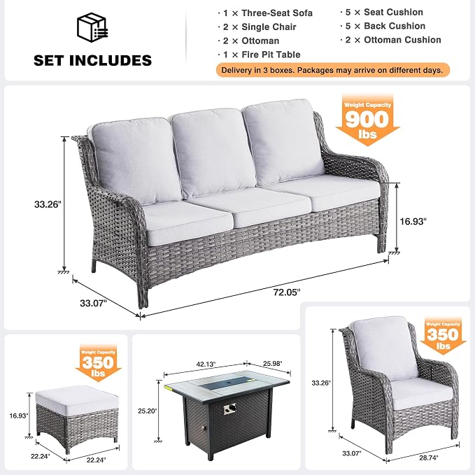ovios 6-Pieces Patio Furniture Set with 42" Fire Pit Table, Outdoor Wicker Sofa Couch Ottomans Comfy Cushions, High Back Modern Conversation Set, Grey Rattan, Grey