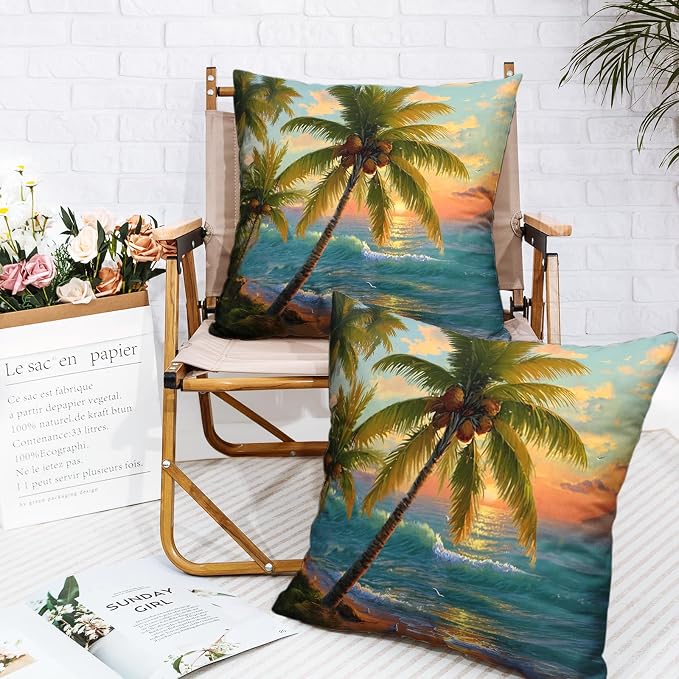 Hawaiian Sunset Coastal Throw Pillow Covers Tropical Coconut Palm Tree Pillow Covers 20x20 Set of 2 Summer Ocean Beach Pillow Cases Sea Wave Cushion Cases for Home Sofa Couch
