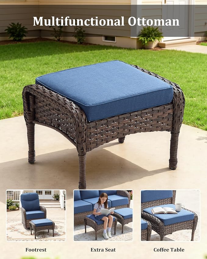 3-Piece Luxury Patio Furniture Sofa Set with 6-Inch Thick Cushions– Outdoor Wicker Conversation Set with Covered Couch, Multifunctional Ottoman & All-Weather Seating for Backyard, Porch, Garden Blue