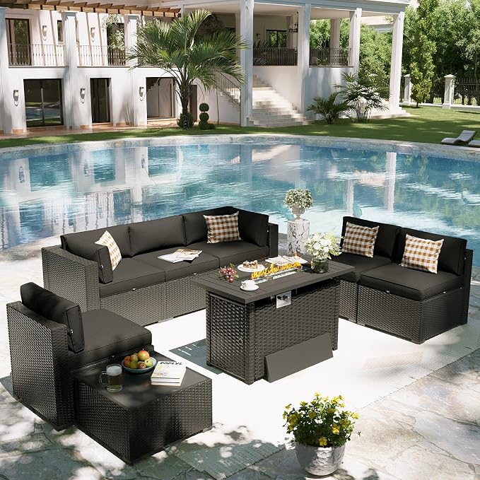 Aoxun Patio Furniture Set with Fire Pit Table, 8 Piece Outdoor Sectional Set, Wicker Rattan Outdoor Furniture with Thickened Cushion for Backyard, Garden Black