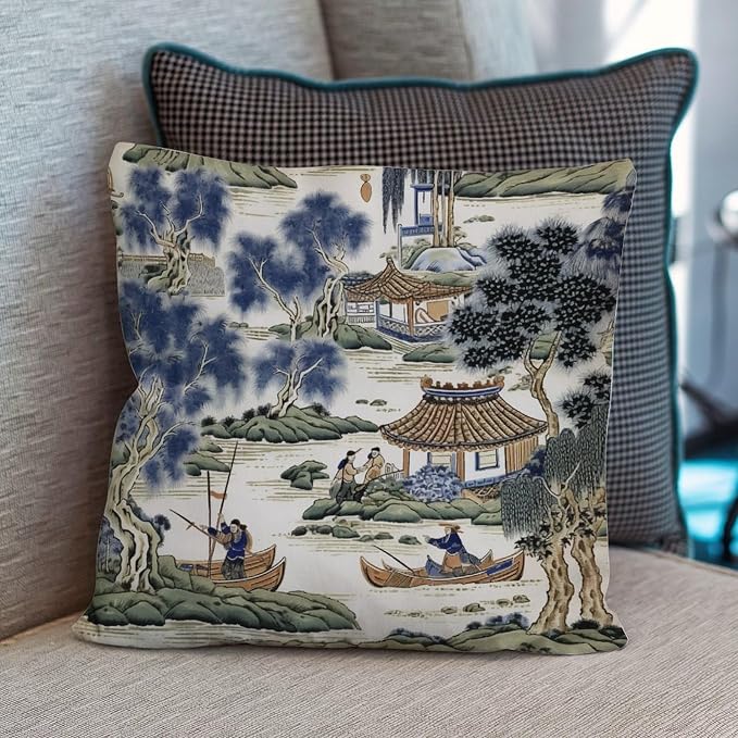 Asian Scenic Pillowcase Blue and Green Chinoiserie Cushion Cases 24x24 INFarmhouse Accent Farmhouse Decor Pillow for Couch Sofa Patio