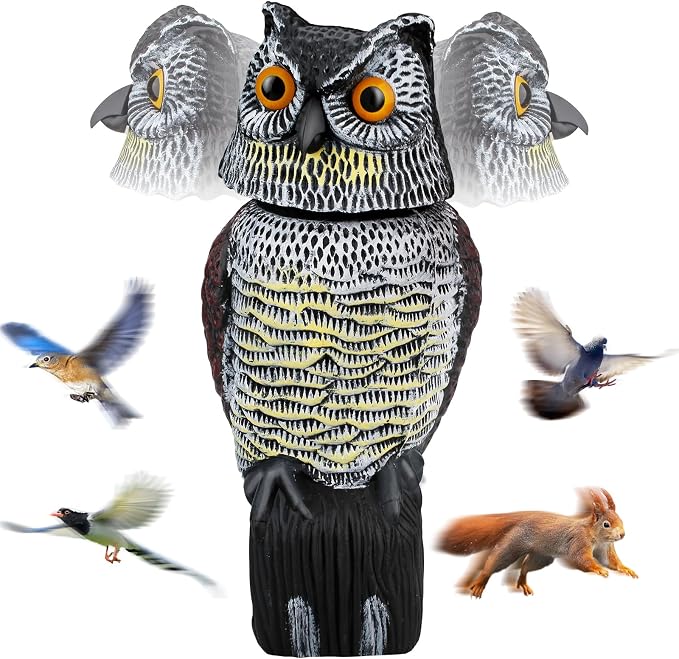 Owl Decoys to Scare Birds Squirrels Away, 360 Rotating Head Activated | Fake Owl Statues Repellent Pest Hawk Squirrel Cats Chickens Pigeon Bird Deterrents for Outside Garden Patios Backyard