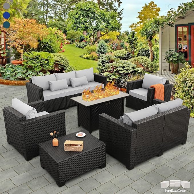Rattaner 6 Pcs Outdoor Furniture Sets Patio Furniture Set with 45" Fire Pit Patio Couch Outdoor Chairs 60000 BTU Steel Propane Fire Pit Table No-Slip Cushions and Waterproof Covers, Light Grey
