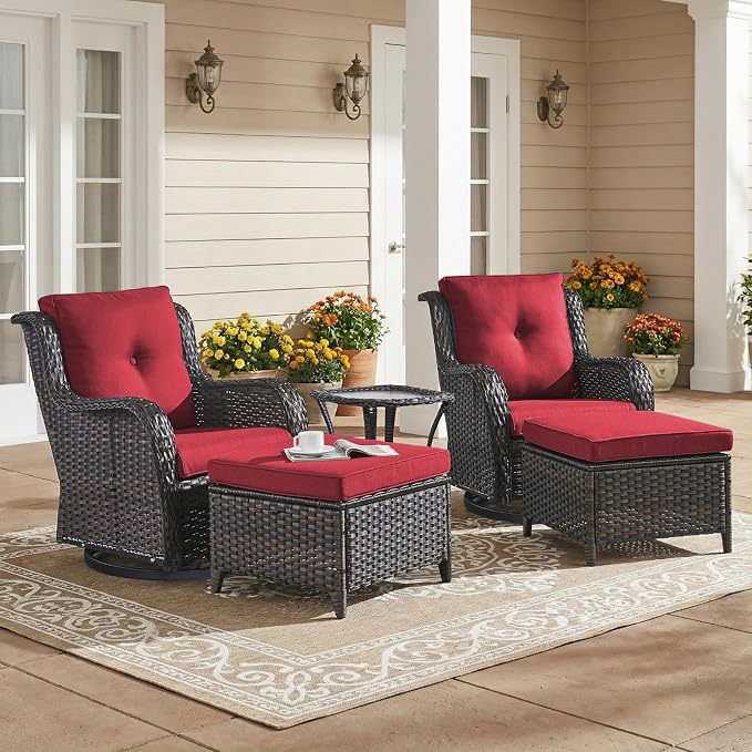 Outdoor Patio Furniture Set-5 Piece Outdoor Swivel Rocker Chairs with Ottomans Patio Furniture Set for Deck Balcony Poolside Backyard-Brown/Red