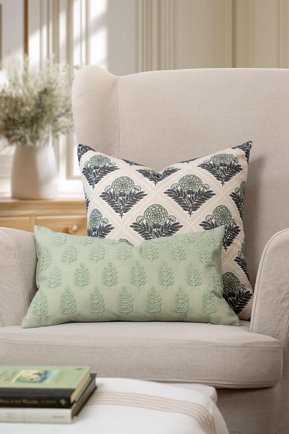 Crumbs Home Modern Farmhouse California Casual Indoor Outdoor Lumbar Pillow Cover, 12"x20" Water Repellent for Patio, Backyard, Couch, Poolside, Light Green Embroidered Leaves