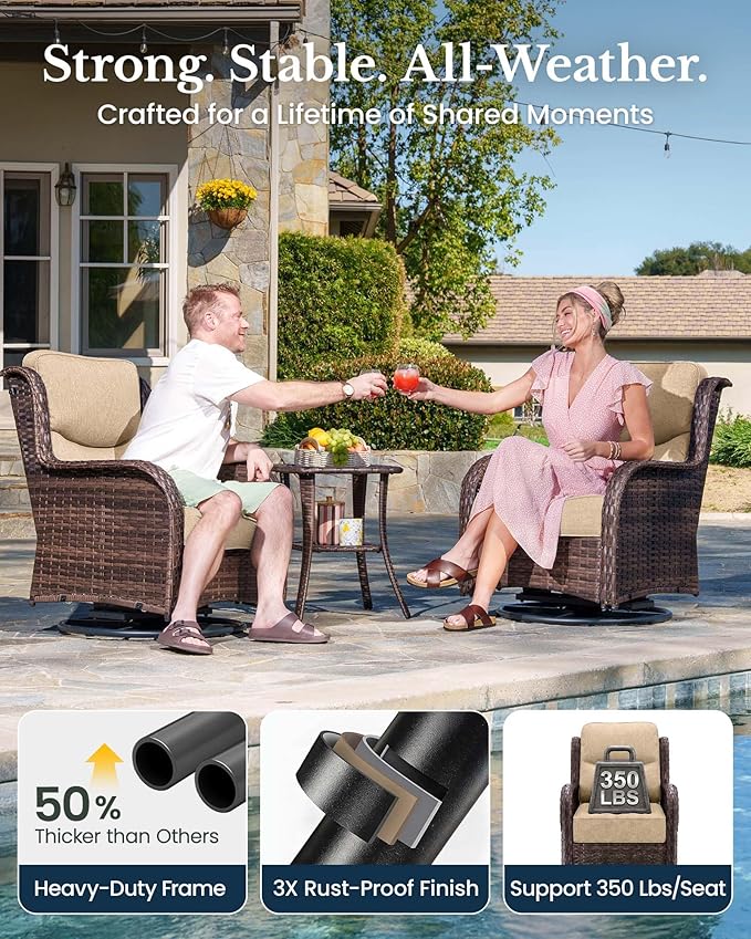 HILLGA 3-Piece Luxury Patio Furniture Set with 6" Thick Cushions, Weather-Resistant Wicker High Back Swivel Rocker Chairs, Senior-Friendly Conversation Set for Small Porch, Deck and Sunroom, Beige(V2)