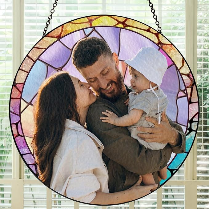 Custom Photo Stained Glass Window Hanging Suncatcher 2026, Personalized Family Photo Sun Catcher Gift for Dad, Custom Father's Day Window Decor for Father, Grandpa, Grandfather