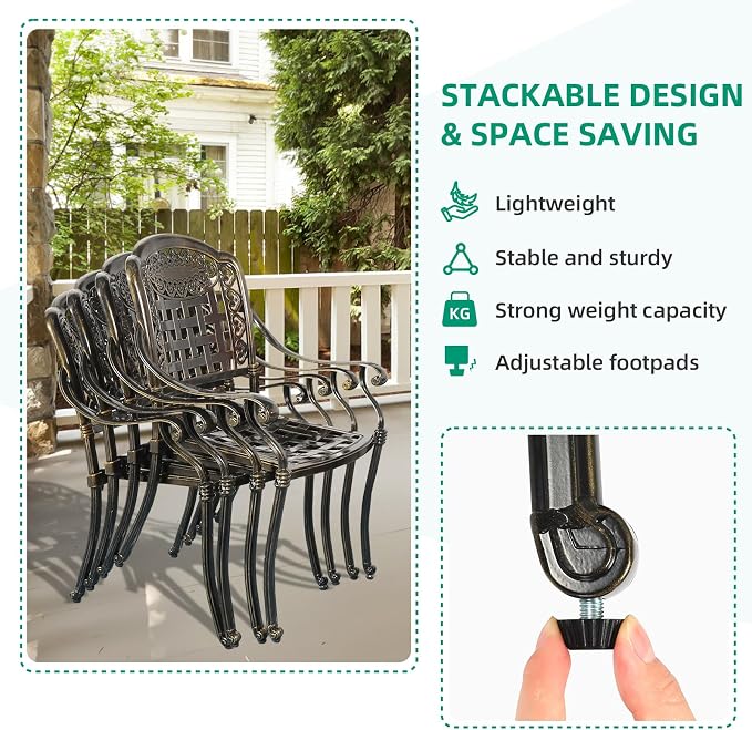 VIVIJASON 9-Piece Outdoor Dining Set, Cast Aluminum Retro Patio Furniture Table and Chairs Set for 8, Include Large 64" Square Dining Table and 8 Cushioned Chairs with Umbrella Hole, Navy Blue